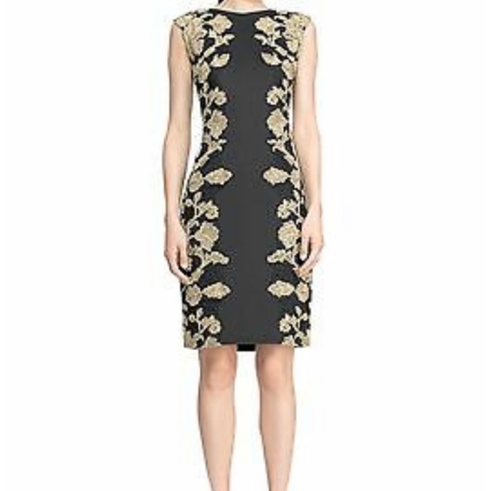 Tadashi Shoji black with gold embellished formal evening dress.